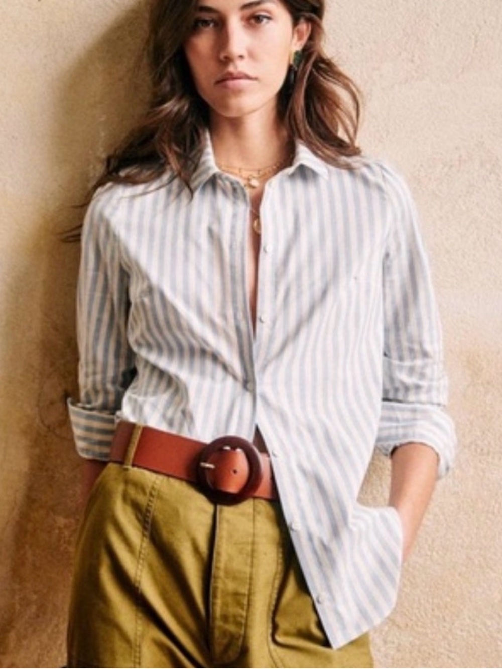 Sezane Blue and White Striped Button-Down Shirt